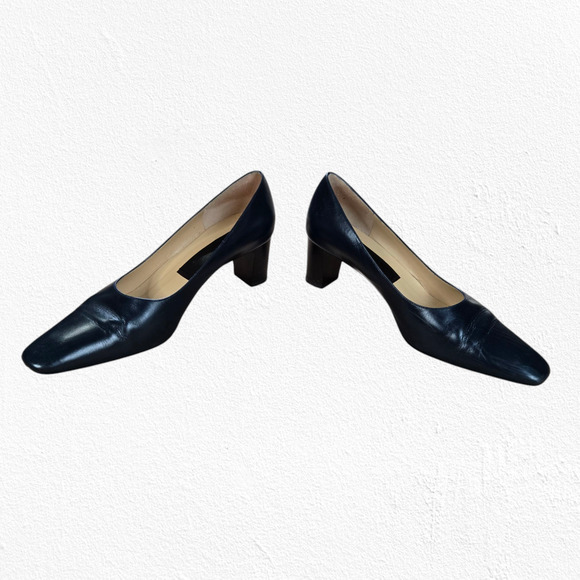 1990s Vintage Dark Navy Leather Square Toe Slip On Pump Block Heels Size 9.5 - Picture 3 of 10
